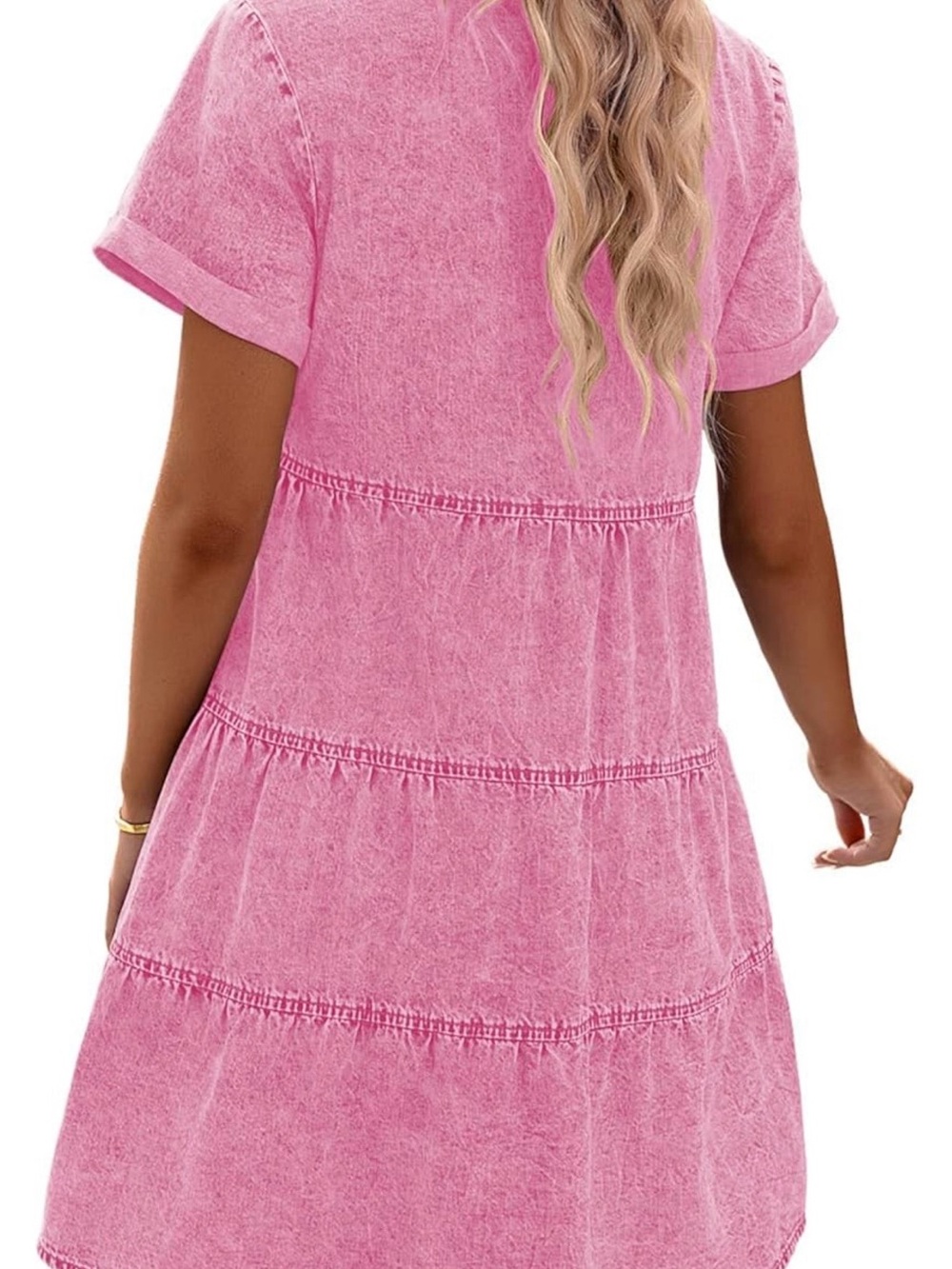 NWOT- Women’s Casual Short Sleeve Pink Tiered Denim Babydoll Dress- Medium - Picture 2 of 11